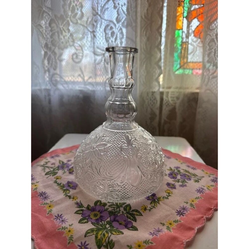 Vintage Clear Pressed Glass Floral Decanter | Ornate Decorative Glass Bottle